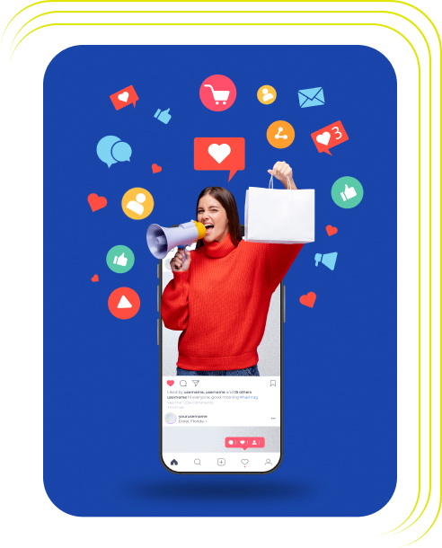 Illustration of a person coming out of a cellphone with social media reactions