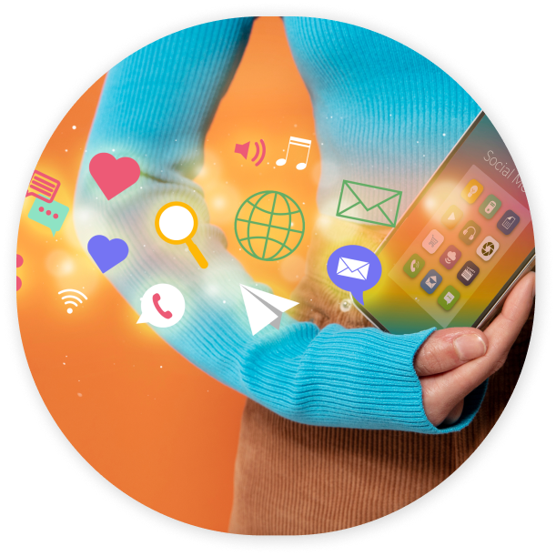 Illustration of a hand holding social media interactions