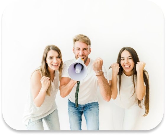 Three people, one with a megaphone