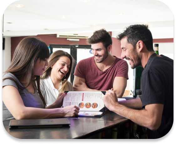 Four people analyzing statistics
